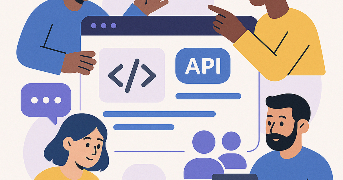 Illustration of developers collaborating around a central platform, showing code, APIs, and community interactions, representing a thriving developer audience platform.