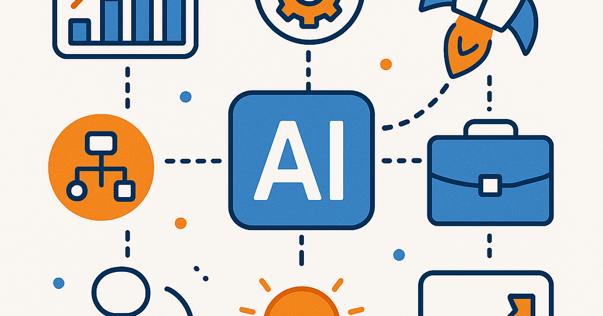 Modern flat design illustration of interconnected AI business tools and automation platforms for startup founders