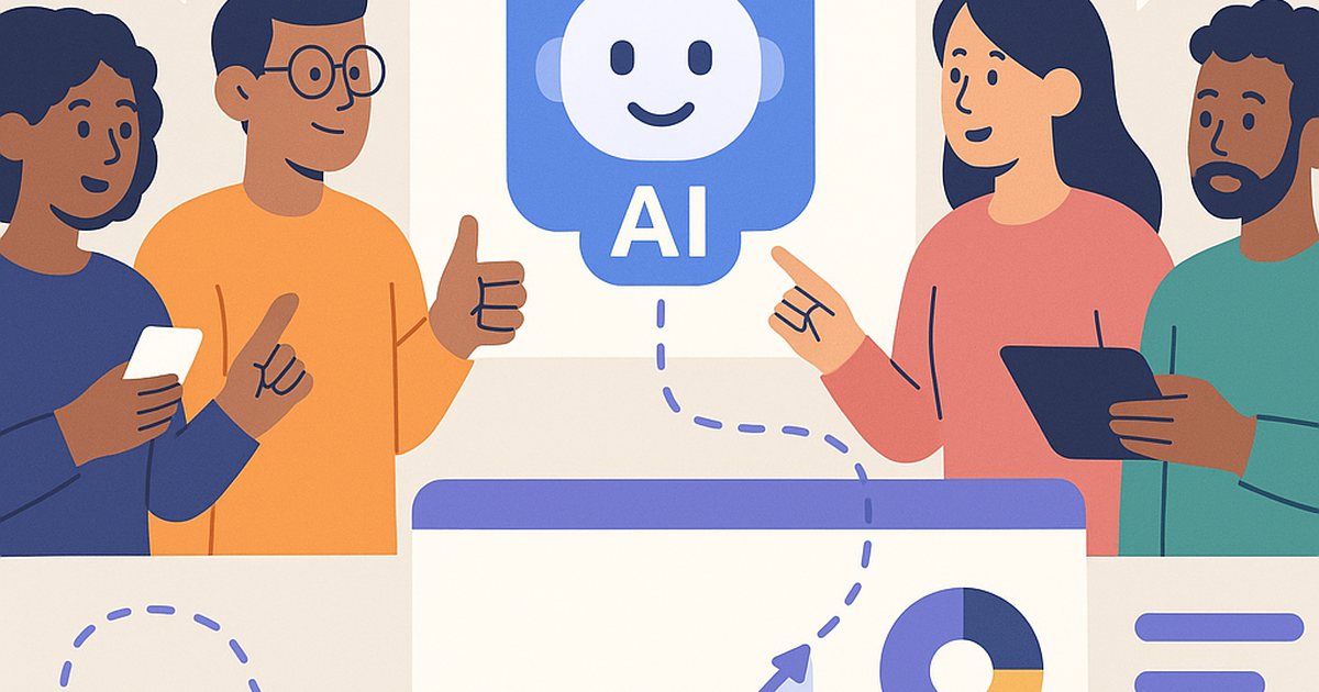 Illustration of diverse users interacting with an AI product interface, providing feedback, with data points flowing into a central analytics dashboard, representing AI consumer insights beta testing validation.