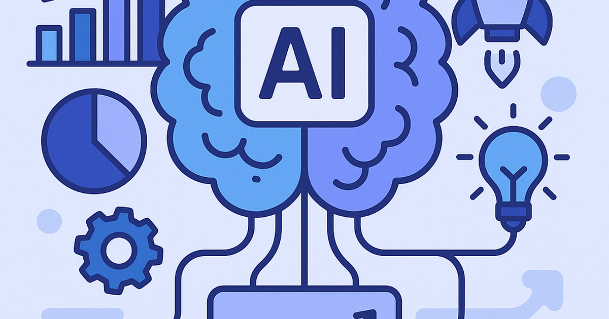 AI-powered business generation illustration with brain, charts, and startup symbols in modern flat design