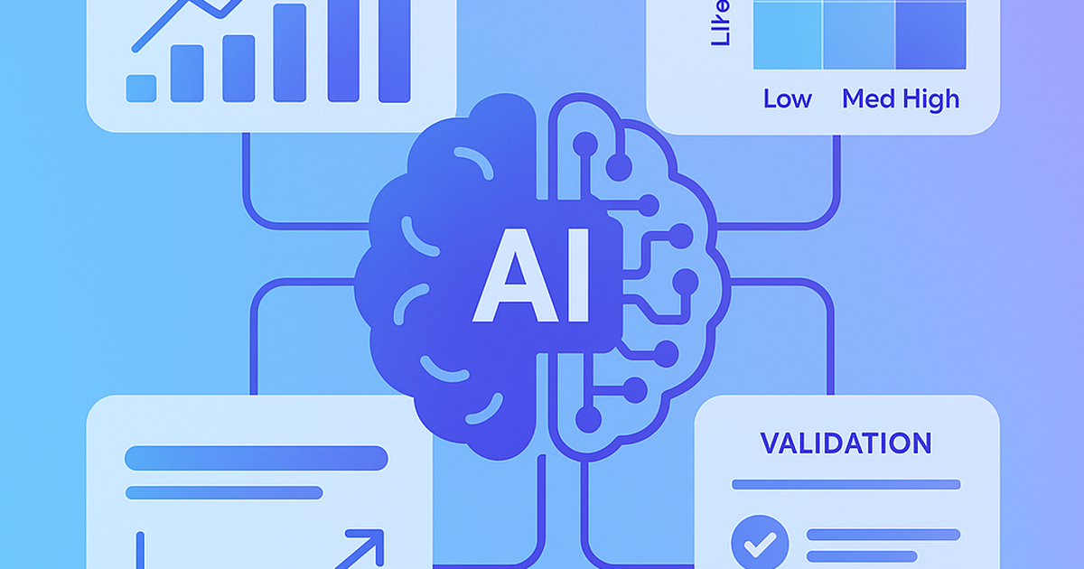 AI-powered business evaluation dashboard showing risk assessment frameworks and validation metrics for startup concept analysis