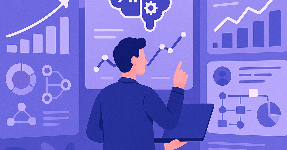 Entrepreneur reviewing AI insights and data analytics dashboards for business decision making