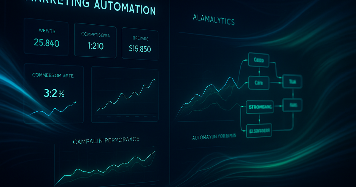 Futuristic marketing automation dashboard with AI analytics flowing across dark interface