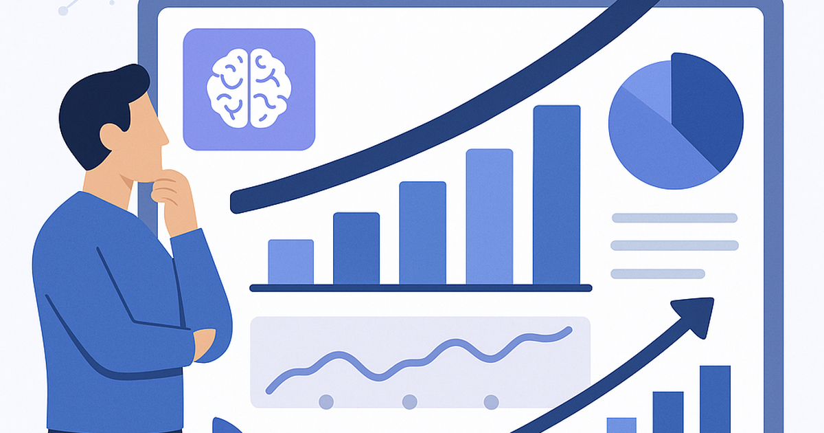 Illustration of a founder analyzing a dashboard with AI-driven growth charts, representing strategic AI implementation for revenue scaling.
