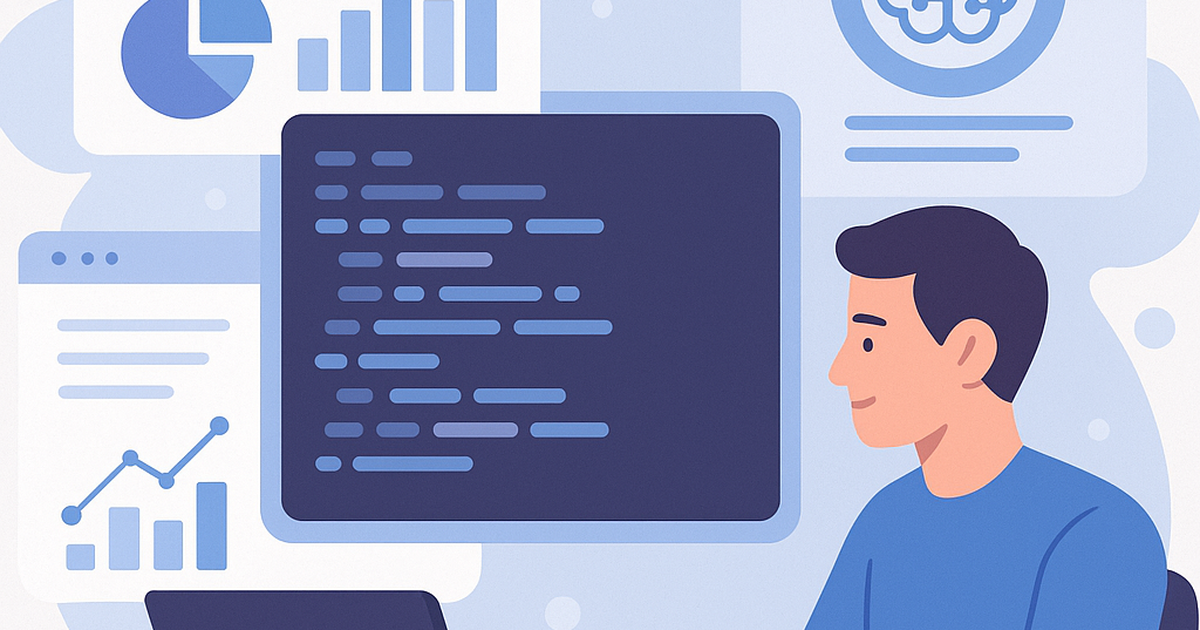 Illustration of a developer using AI tools to enhance productivity, with code suggestions, debugging, and metrics displayed on multiple screens, symbolizing improved coding ROI.