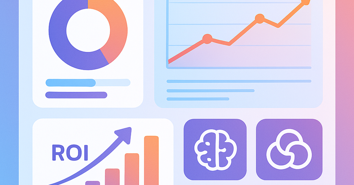 Performance measurement dashboard showing AI tool ROI metrics and analytics charts for entrepreneur productivity tracking