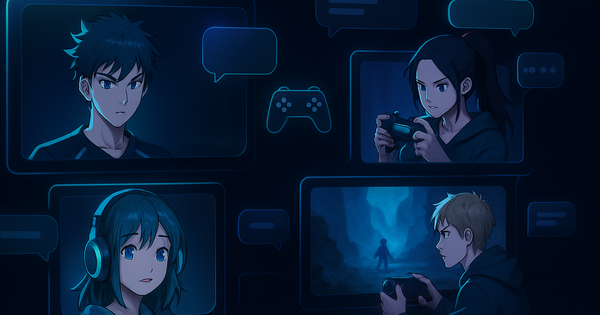 Futuristic anime gaming platform interface with streaming elements and community features on dark navy background