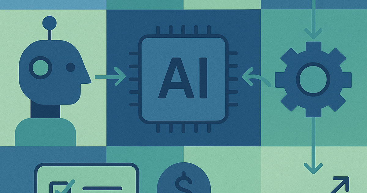 Modern flat-design illustration showing AI tools connecting different business functions through automated workflows