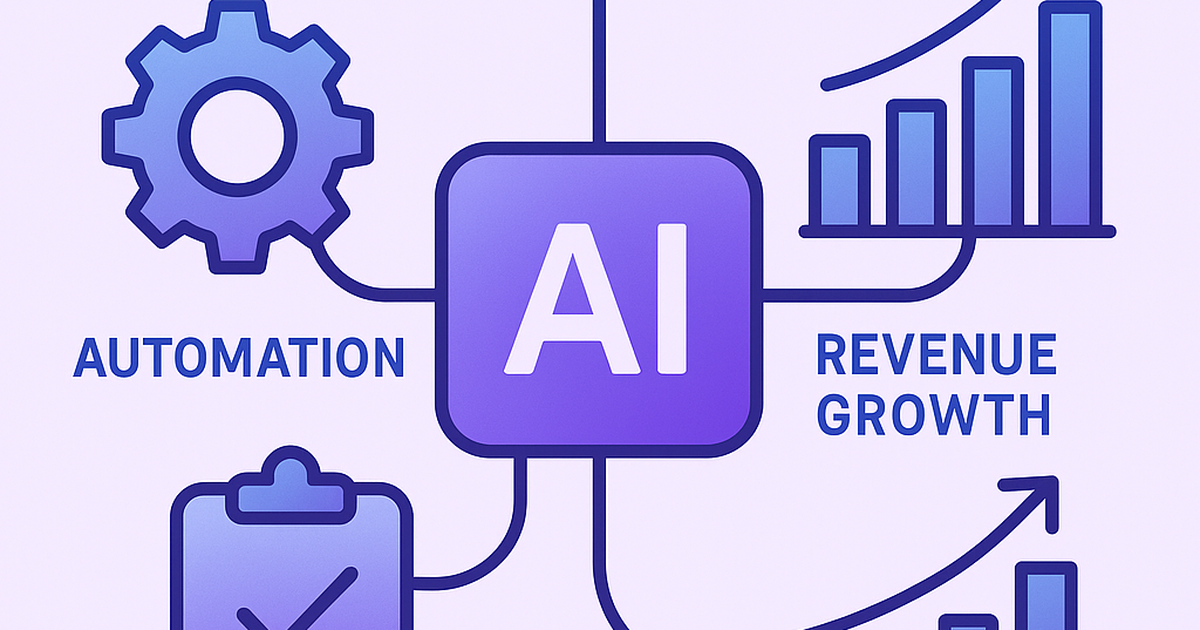 AI business tools connected in a revenue-focused framework with growth charts and automation symbols