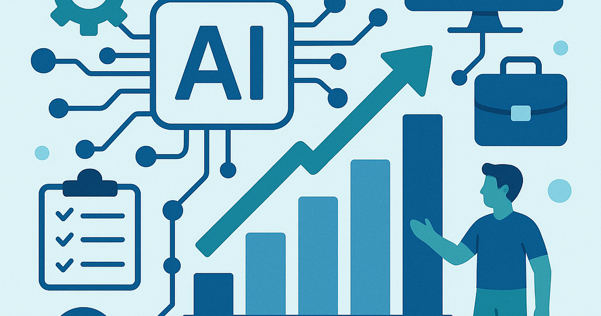 Modern flat-design illustration depicting AI tools for business automation and growth with interconnected technology elements