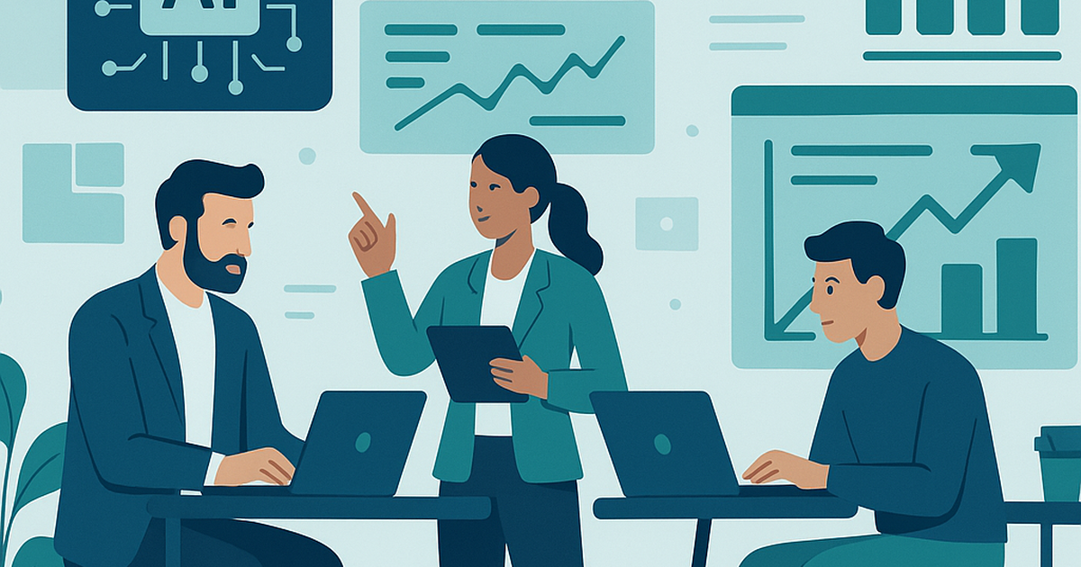 Entrepreneurs working with AI tools in a modern digital workspace showing data analytics and business growth visualization