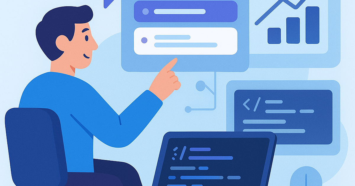Illustration of a developer using AI tools to improve productivity, with code suggestions and ROI metrics displayed on a screen.