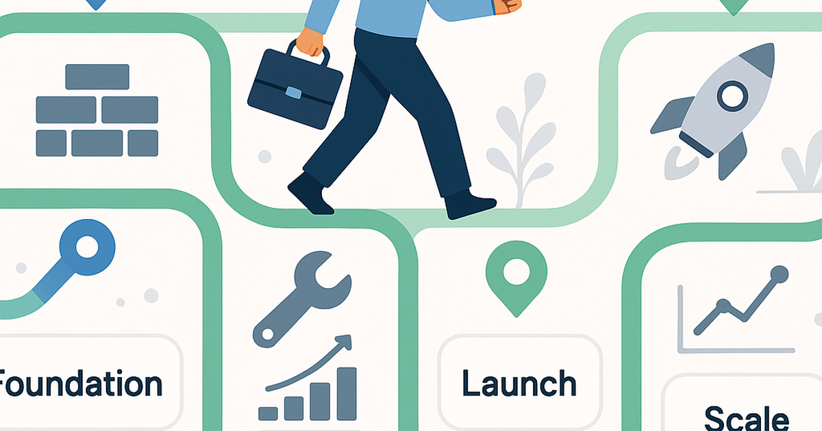 Solopreneur business model execution roadmap illustration showing four sequential phases from foundation to scale