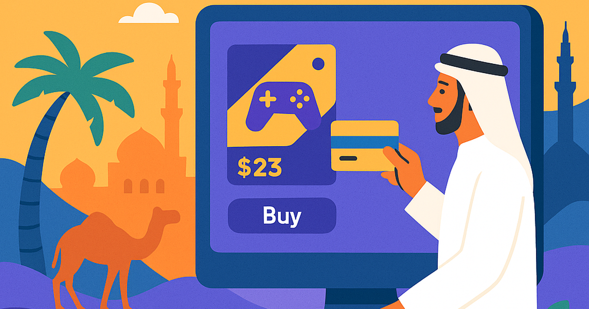 Illustration of diverse payment methods integrated into a digital game store interface, set against a backdrop of Middle Eastern architecture and gaming elements, symbolizing seamless transactions for gamers in the region.