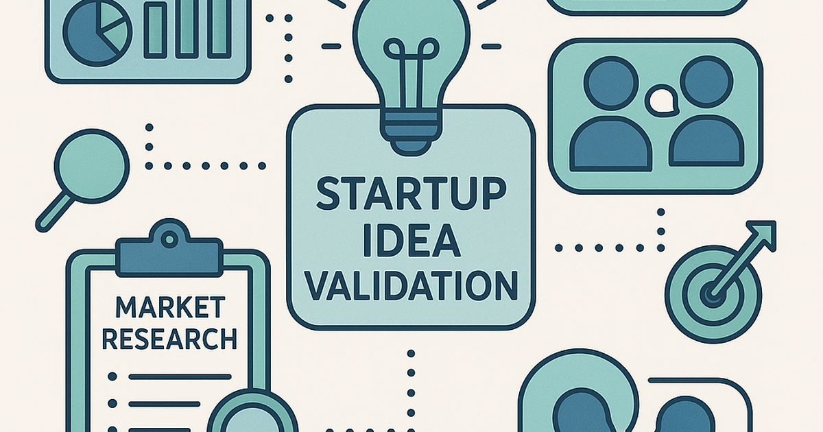 Illustration of startup idea validation tools and frameworks including analytics, customer research, and market analysis components