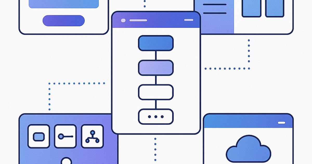 No-code platforms and SaaS development tools visualization showing connected interfaces and building blocks