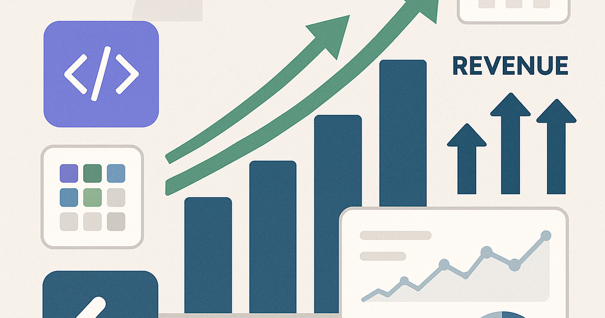 No-code SaaS platform ROI optimization illustration with growth metrics and revenue charts