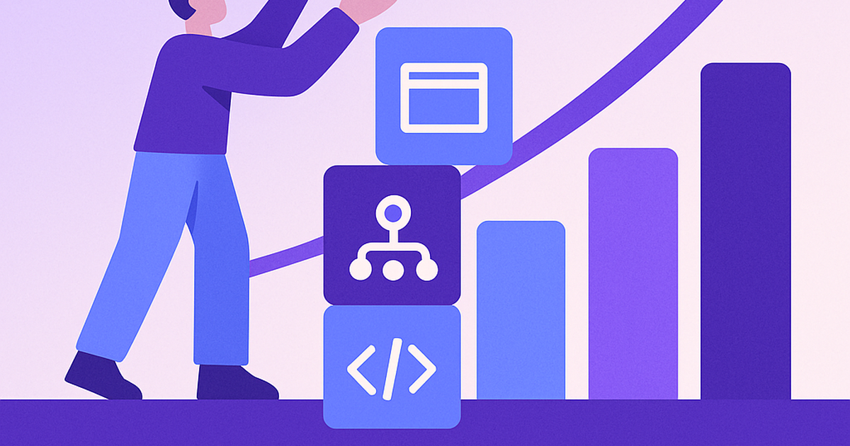 No-code SaaS builders represented as modular building blocks forming a revenue growth visualization