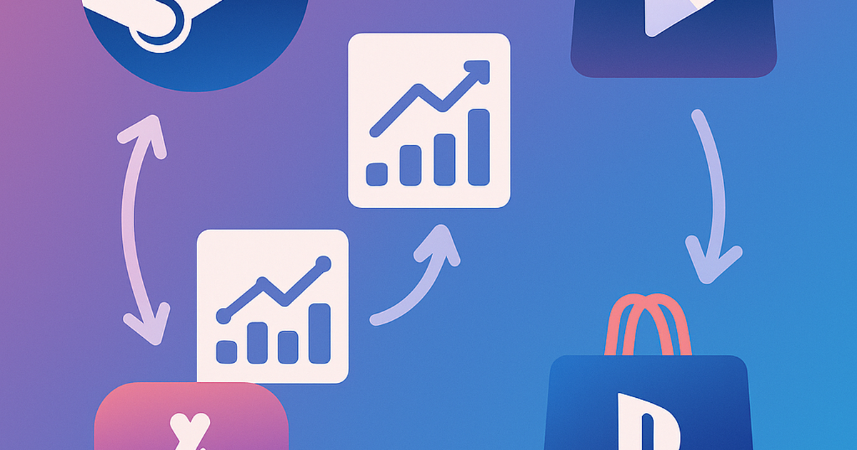 Indie game marketplace discovery platforms comparison visualization with connected distribution channels and performance metrics