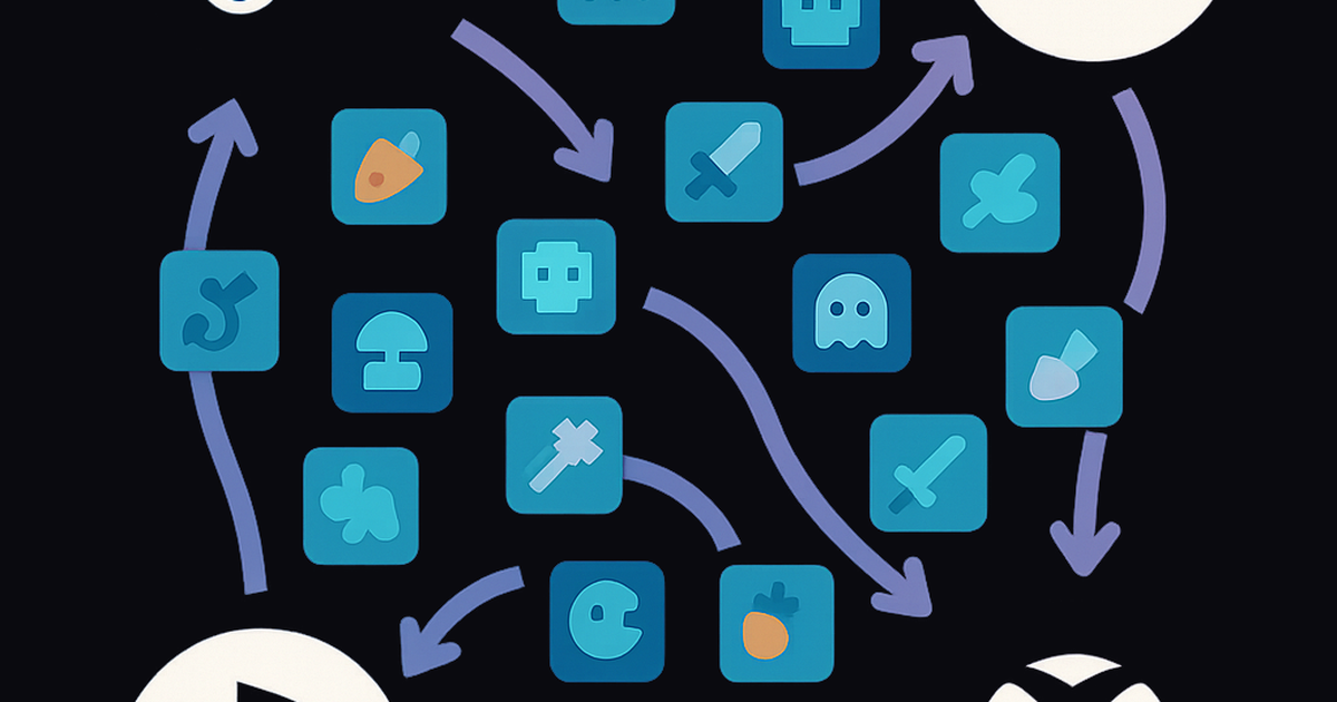 Indie game discovery platforms interconnected with flowing game icons representing multi-platform distribution strategy
