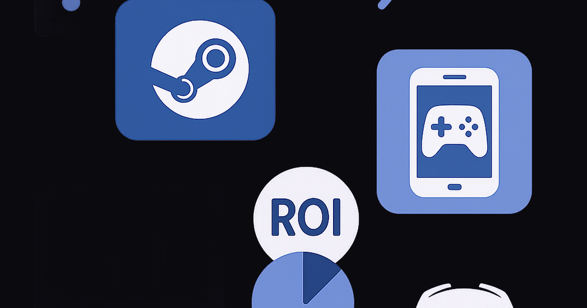 Indie game discovery platforms connected by analytics data and ROI metrics visualization