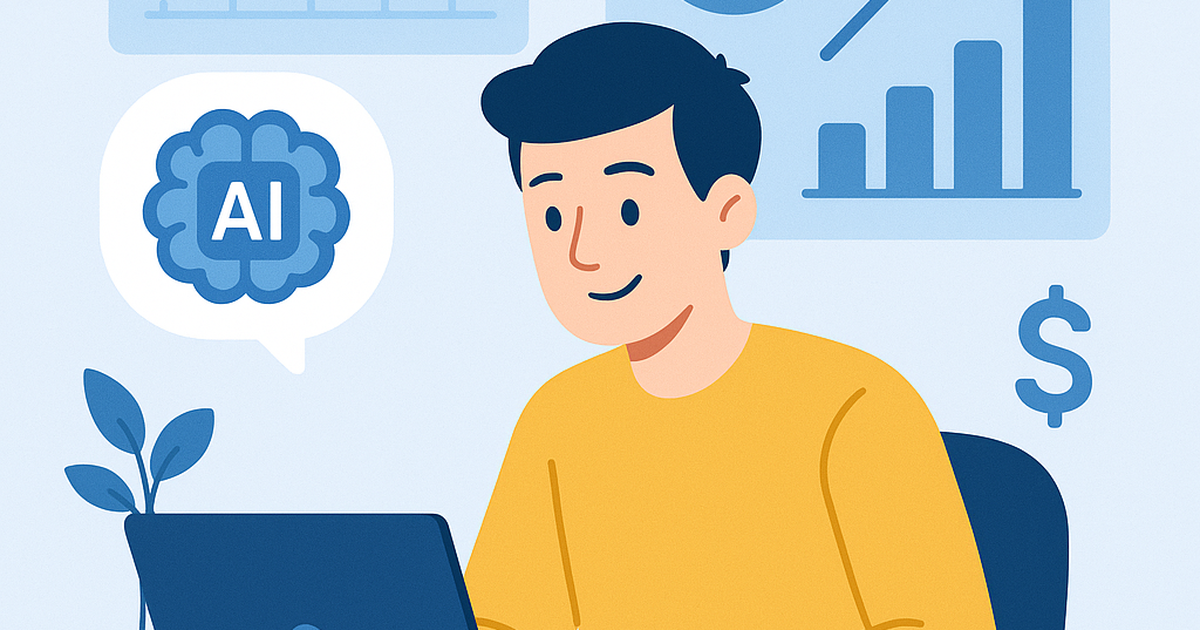 Illustration of a freelancer working efficiently with an AI tool, surrounded by elements representing increased productivity and revenue growth.