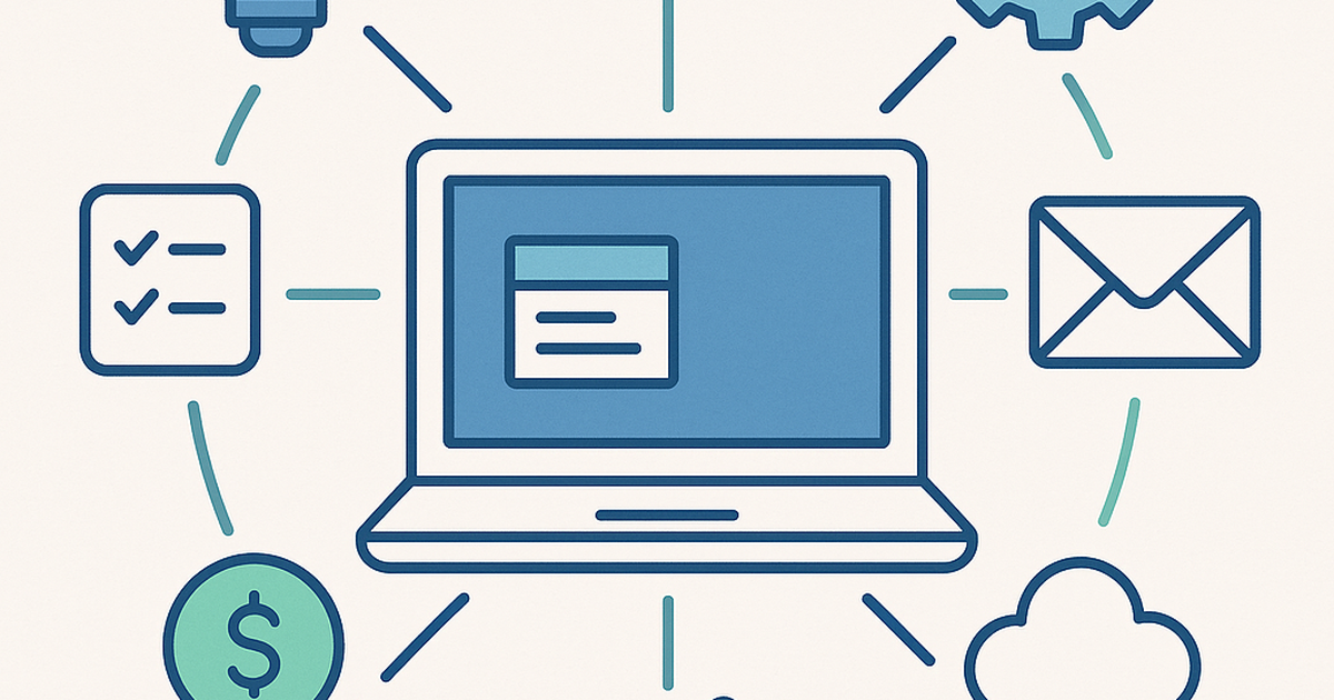 Illustrated toolkit showing essential software tools and platforms surrounding a laptop computer for bootstrapped startup founders