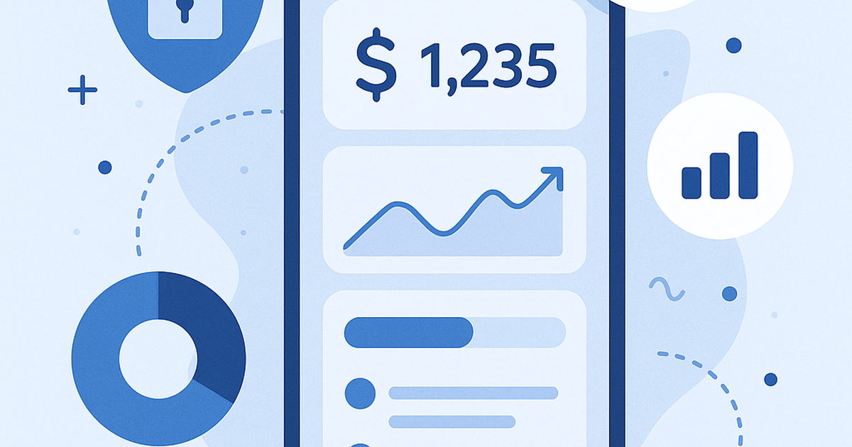 Illustration of a smartphone displaying an intuitive banking app with clean UI, charts, and transaction history, surrounded by abstract financial icons.
