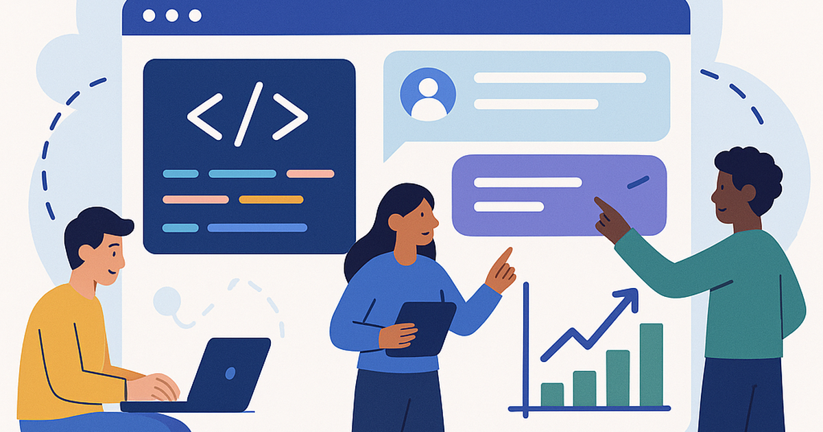 Illustration of developers engaging with a software platform, featuring code, graphs, and community chat bubbles, symbolizing a thriving developer audience platform.