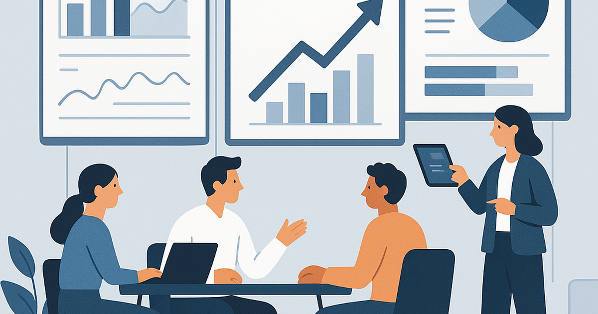 Illustration of an agency team working on projects with charts and graphs, symbolizing the growth and stability achieved through recurring revenue models.