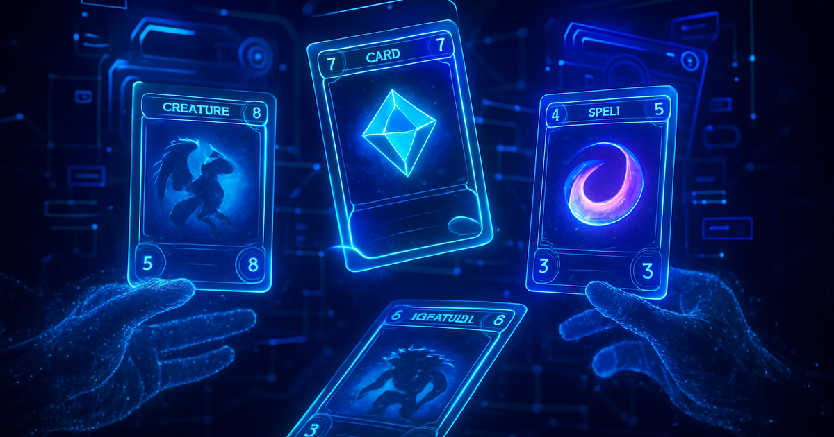 Digital trading cards floating in a dark navy space with vibrant purple and emerald gaming interface elements