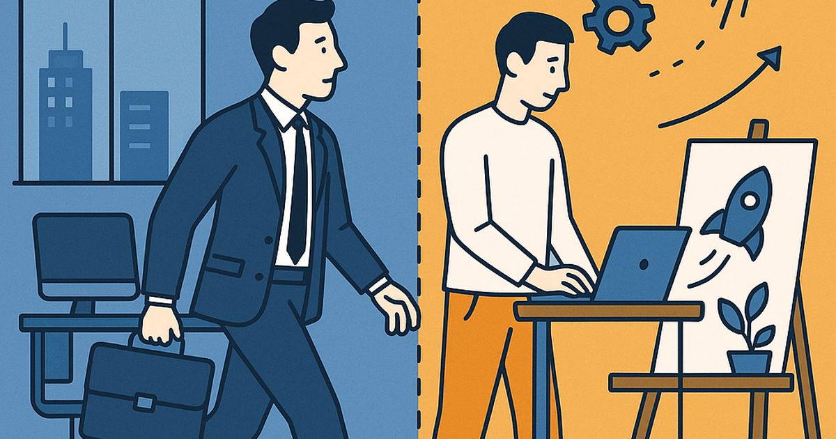 Career switcher transitioning from corporate job to startup founder with industry expertise symbols