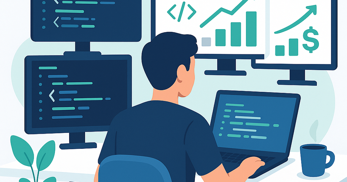 Developer entrepreneur working on multiple coding business projects at modern workspace with various software applications displayed
