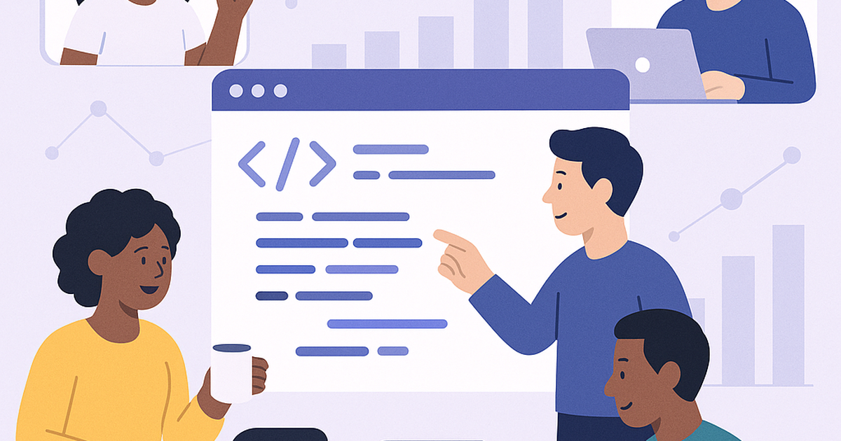 Illustration of developers collaborating on code, representing developer audience growth and community building.