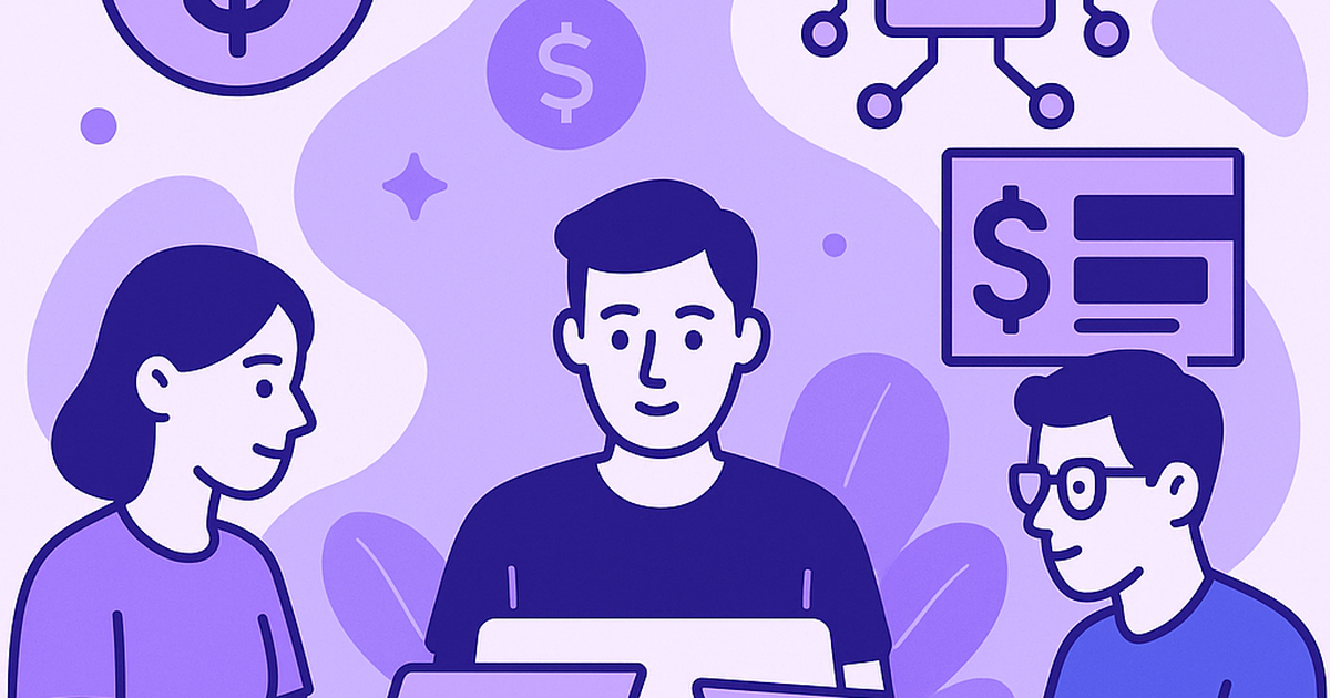 Developer audience monetization concept illustration showing programmers working with various revenue model symbols and digital payment indicators