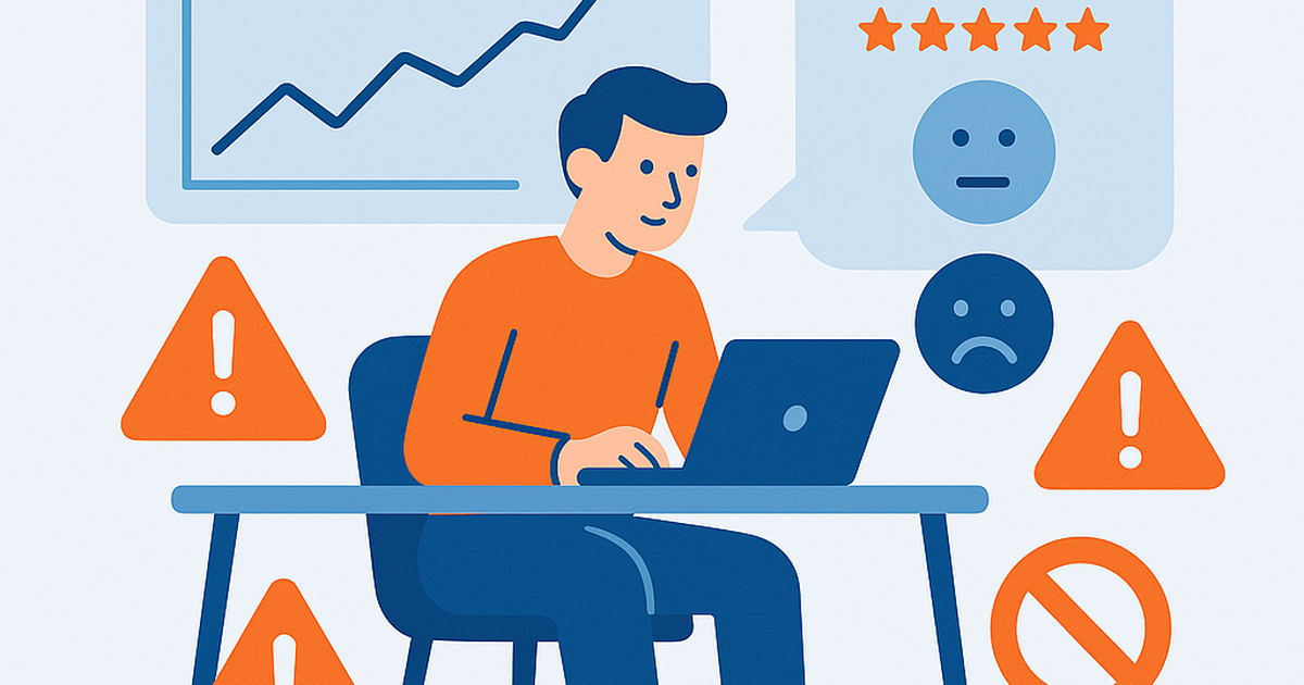 Early stage startup founder reviewing validation data with warning indicators highlighting common validation mistakes and solutions