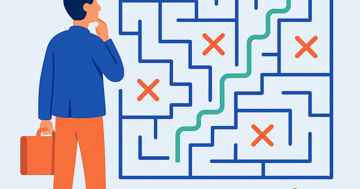 Illustration of startup validation showing correct path through common mistakes and pitfalls