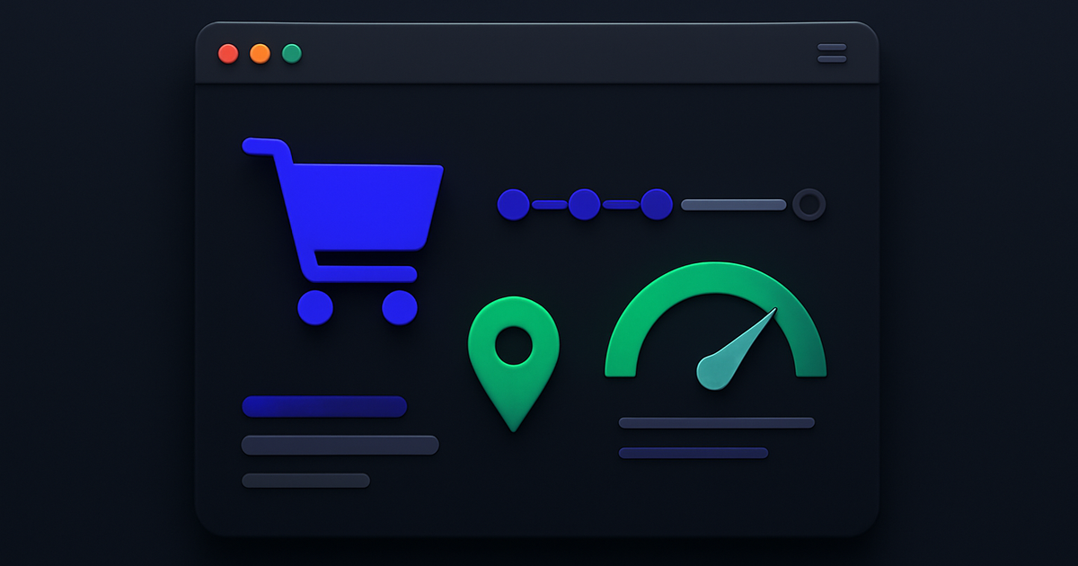 Modern browser interface with shopping cart icons and order tracking elements on dark navy background