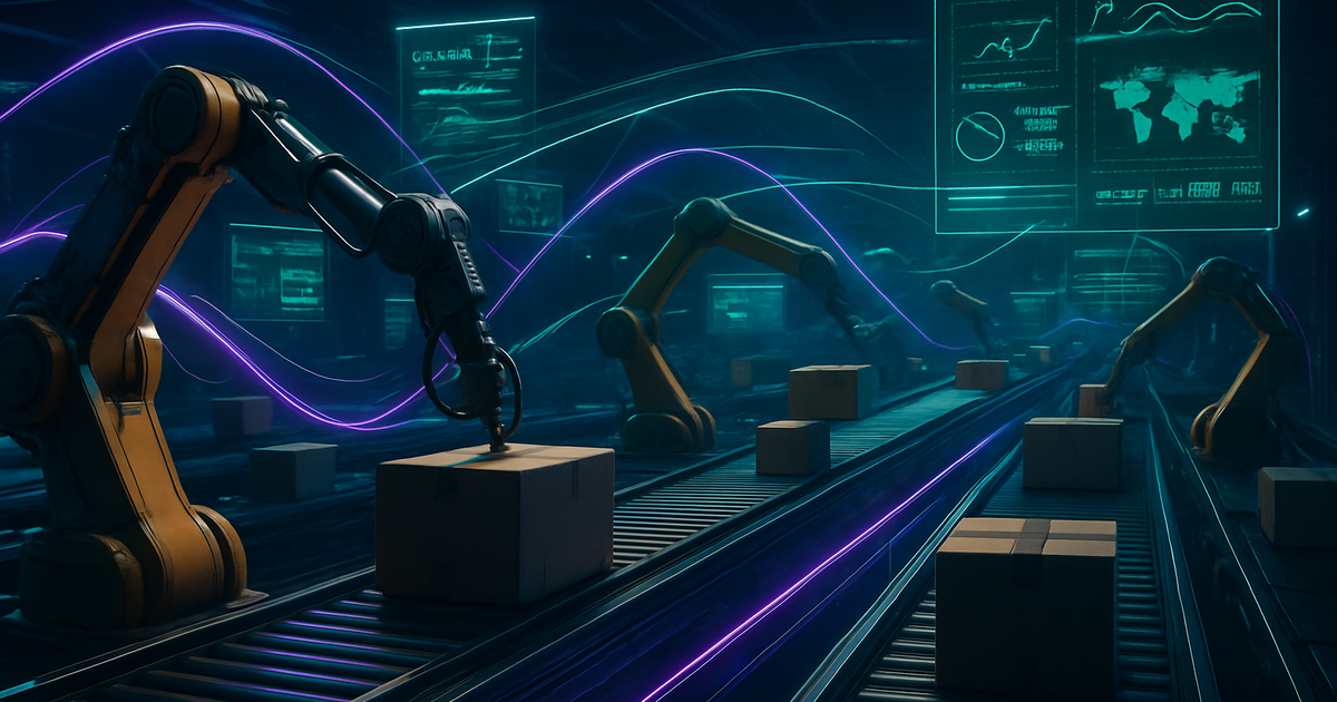Futuristic ecommerce automation dashboard with glowing data streams and robotic arms handling packages