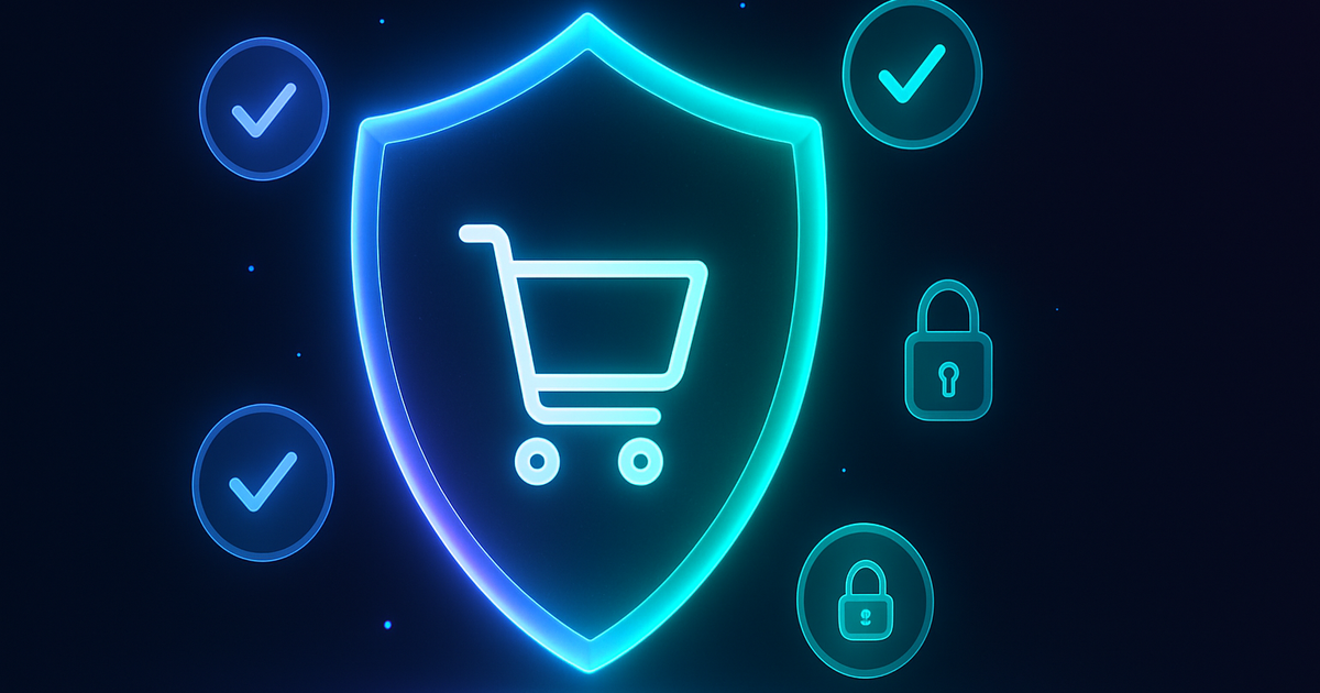 Digital shield protecting online shopping cart with verification checkmarks on dark navy background