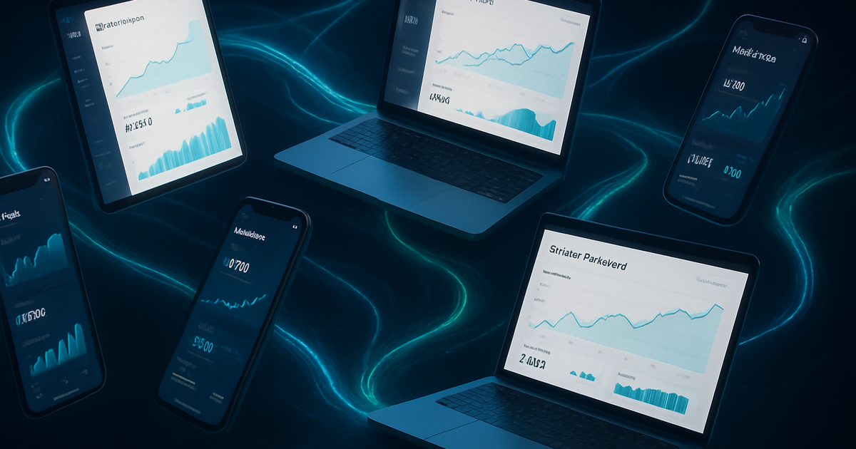Digital creators working on laptops with economic data visualizations floating in dark space