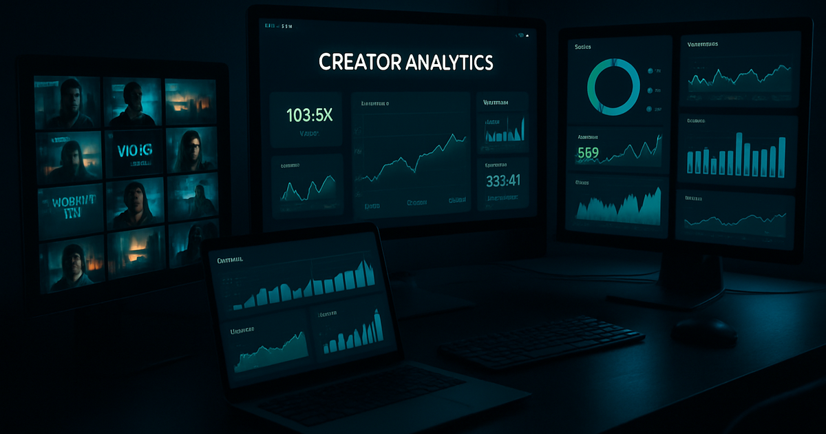 Digital creator workspace with multiple screens showing analytics and content creation tools