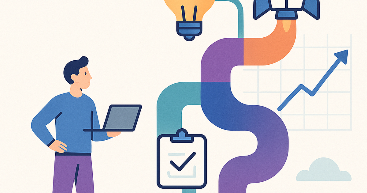 Illustration of a founder following a clear, structured roadmap with milestones like idea, MVP, and growth, symbolizing a founder file startup series.