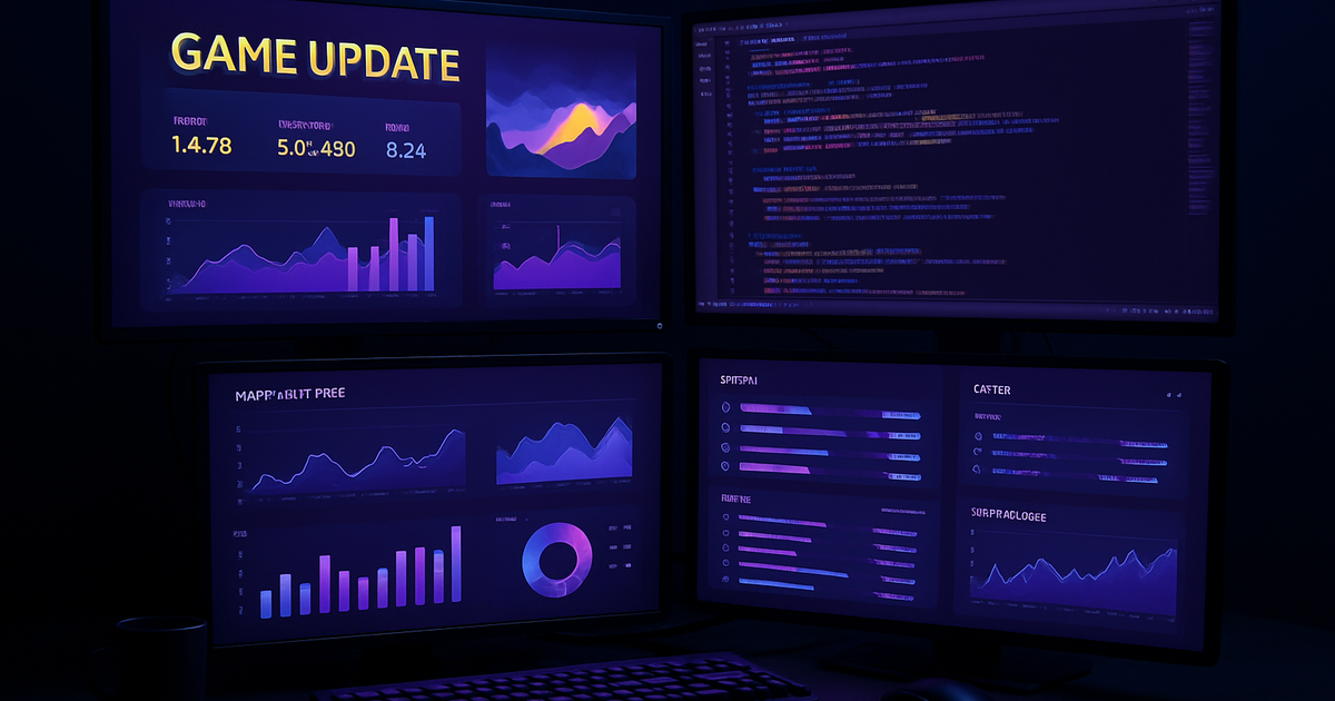 Gaming developer workspace with multiple screens showing update management dashboards and analytics