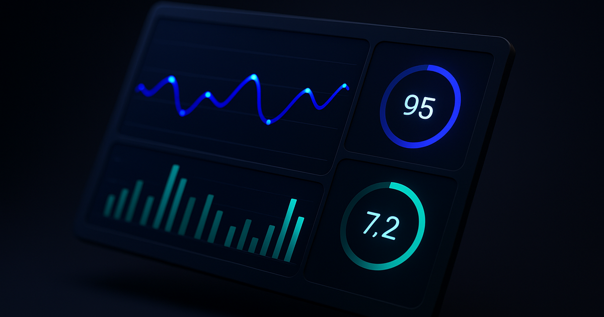 Game performance dashboard with monitoring charts on dark navy background with purple and emerald accents