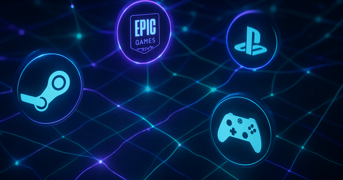 Multiple gaming platform logos connected by secure digital pathways on dark navy background with purple accents