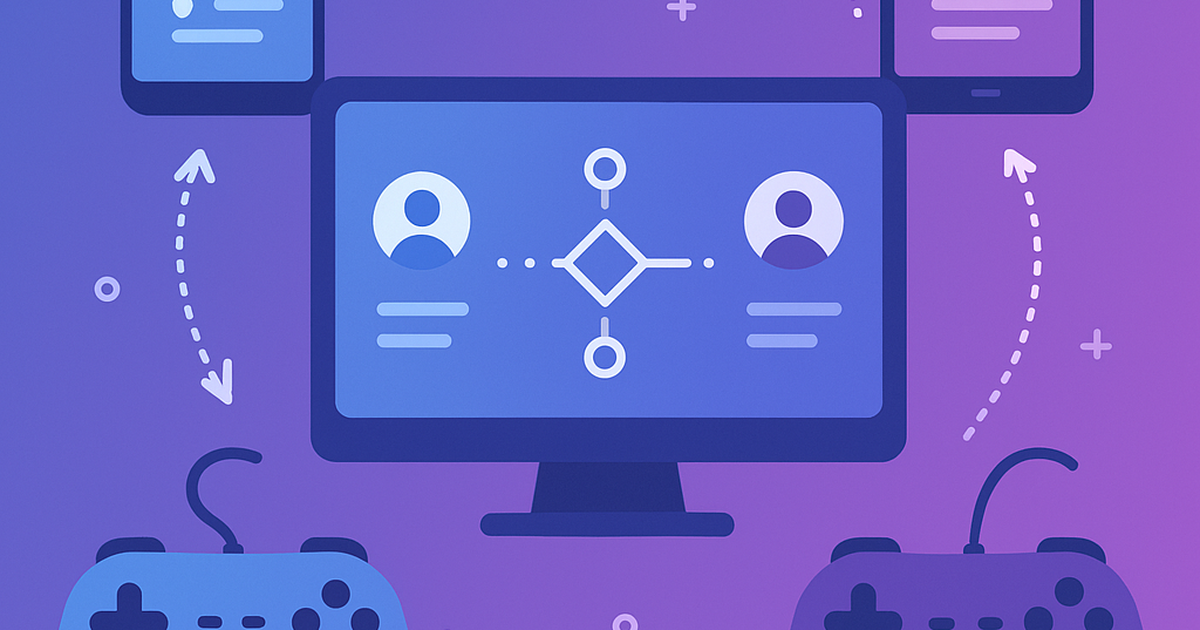 Gaming matchmaking platform illustration showing connected devices and user matching interface