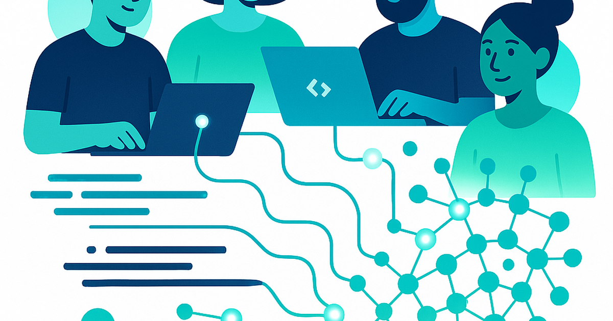 Illustration of developers connected in a growing community network with code streams and graph nodes representing developer audience growth