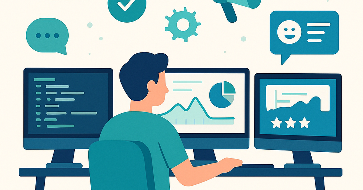 Solo founder working on SaaS development with business metrics and customer data displayed on multiple screens