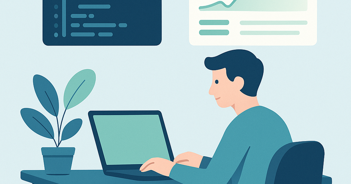 Solo founder building SaaS application at modern workspace with development tools and analytics dashboard